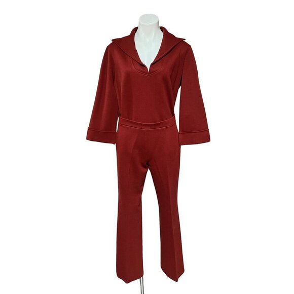 Vintage Pants - 1970s Vintage Polyester Leisure Suit Pants Set Rust Color Bell Sleeve Wide Leg